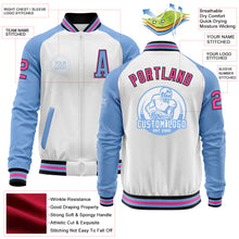 Charger l&#39;image dans la galerie, Custom White Pink Black-Light Blue Bomber Varsity Letterman Two Tone Zipper Jacket
