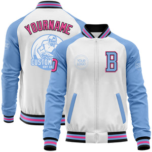 Custom White Pink Black-Light Blue Bomber Varsity Letterman Two Tone Zipper Jacket