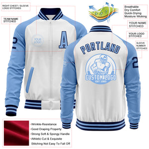 Custom White Navy-Light Blue Bomber Varsity Letterman Two Tone Zipper Jacket