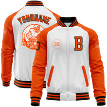 Laden Sie das Bild in den Galerie-Viewer, Custom White Black-Orange Bomber Varsity Letterman Two Tone Zipper Jacket
