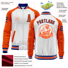 Load image into Gallery viewer, Custom White Royal-Orange Bomber Varsity Letterman Two Tone Zipper Jacket
