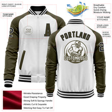 Laden Sie das Bild in den Galerie-Viewer, Custom White Black-Olive Bomber Varsity Letterman Two Tone Zipper Jacket
