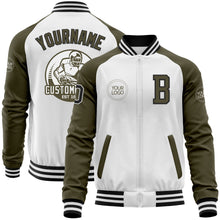 Laden Sie das Bild in den Galerie-Viewer, Custom White Black-Olive Bomber Varsity Letterman Two Tone Zipper Jacket
