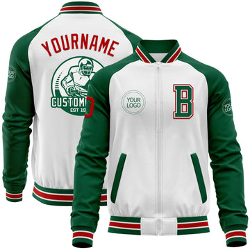 Custom White Red-Kelly Green Bomber Varsity Letterman Two Tone Zipper Jacket