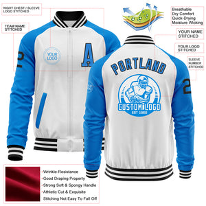 Custom White Black-Powder Blue Bomber Varsity Letterman Two Tone Zipper Jacket