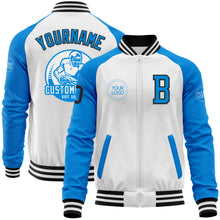 Laden Sie das Bild in den Galerie-Viewer, Custom White Black-Powder Blue Bomber Varsity Letterman Two Tone Zipper Jacket
