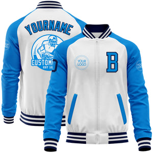 Custom White Navy-Powder Blue Bomber Varsity Letterman Two Tone Zipper Jacket