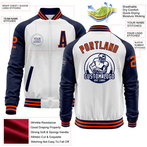 Custom White Orange-Navy Bomber Varsity Letterman Two Tone Zipper Jacket