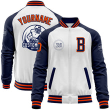 Charger l&#39;image dans la galerie, Custom White Orange-Navy Bomber Varsity Letterman Two Tone Zipper Jacket
