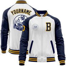 Load image into Gallery viewer, Custom White Gold-Navy Bomber Varsity Letterman Two Tone Zipper Jacket
