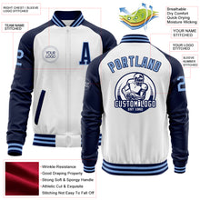 Charger l&#39;image dans la galerie, Custom White Light Blue-Navy Bomber Varsity Letterman Two Tone Zipper Jacket
