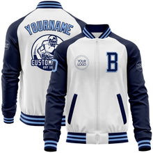 Charger l&#39;image dans la galerie, Custom White Light Blue-Navy Bomber Varsity Letterman Two Tone Zipper Jacket
