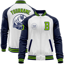 Charger l&#39;image dans la galerie, Custom White Neon Green-Navy Bomber Varsity Letterman Two Tone Zipper Jacket
