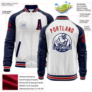 Custom White Red-Navy Bomber Varsity Letterman Two Tone Zipper Jacket