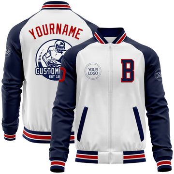 Custom White Red-Navy Bomber Varsity Letterman Two Tone Zipper Jacket