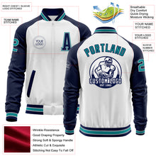 Charger l&#39;image dans la galerie, Custom White Teal Gray-Navy Bomber Varsity Letterman Two Tone Zipper Jacket
