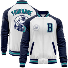 Charger l&#39;image dans la galerie, Custom White Teal Gray-Navy Bomber Varsity Letterman Two Tone Zipper Jacket
