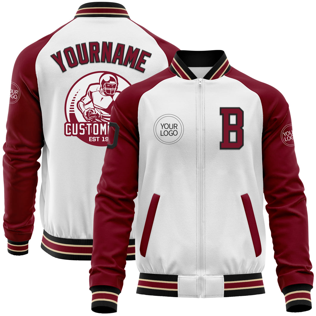 Custom White Black Crimson-City Cream Bomber Varsity Letterman Two Tone Zipper Jacket