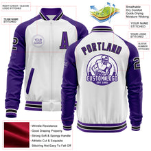 Laden Sie das Bild in den Galerie-Viewer, Custom White Black-Purple Bomber Varsity Letterman Two Tone Zipper Jacket
