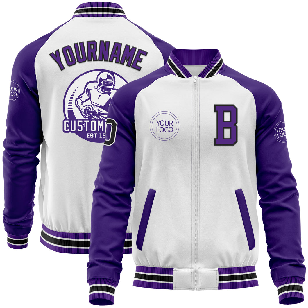 Custom White Black-Purple Bomber Varsity Letterman Two Tone Zipper Jacket