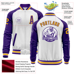 Custom White Gold-Purple Bomber Varsity Letterman Two Tone Zipper Jacket