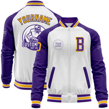 Charger l&#39;image dans la galerie, Custom White Gold-Purple Bomber Varsity Letterman Two Tone Zipper Jacket
