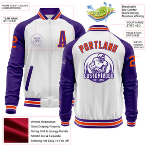 Custom White Orange-Purple Bomber Varsity Letterman Two Tone Zipper Jacket