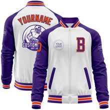 Charger l&#39;image dans la galerie, Custom White Orange-Purple Bomber Varsity Letterman Two Tone Zipper Jacket
