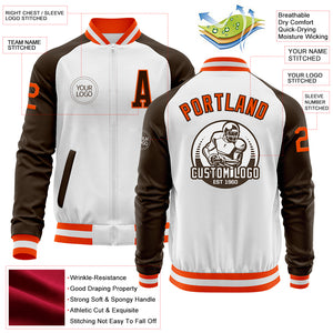 Custom White Orange-Brown Bomber Varsity Letterman Two Tone Zipper Jacket