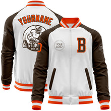 Load image into Gallery viewer, Custom White Orange-Brown Bomber Varsity Letterman Two Tone Zipper Jacket
