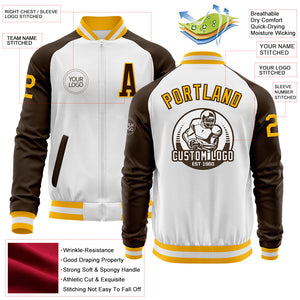 Custom White Gold-Brown Bomber Varsity Letterman Two Tone Zipper Jacket