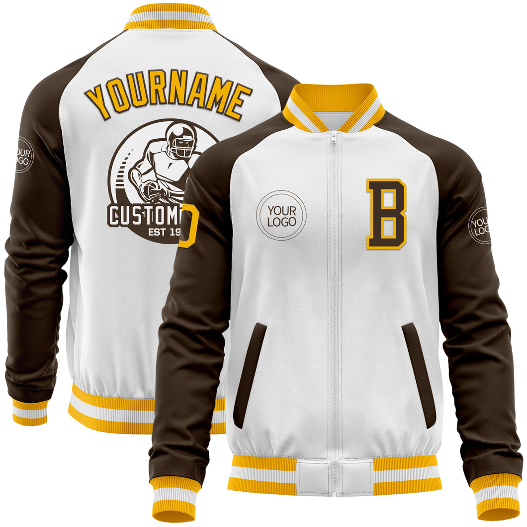 Custom White Gold-Brown Bomber Varsity Letterman Two Tone Zipper Jacket