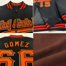 Laden Sie das Bild in den Galerie-Viewer, Custom Brown Red-White Bomber Varsity Letterman Zipper Jacket
