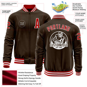 Custom Brown Red-White Bomber Varsity Letterman Zipper Jacket