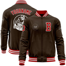 Laden Sie das Bild in den Galerie-Viewer, Custom Brown Red-White Bomber Varsity Letterman Zipper Jacket
