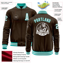 Laden Sie das Bild in den Galerie-Viewer, Custom Brown White-Aqua Bomber Varsity Letterman Zipper Jacket
