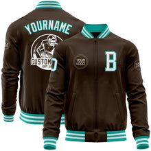 Laden Sie das Bild in den Galerie-Viewer, Custom Brown White-Aqua Bomber Varsity Letterman Zipper Jacket
