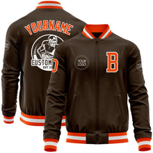 Laden Sie das Bild in den Galerie-Viewer, Custom Brown Orange-White Bomber Varsity Letterman Zipper Jacket
