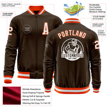 Laden Sie das Bild in den Galerie-Viewer, Custom Brown White-Orange Bomber Varsity Letterman Zipper Jacket
