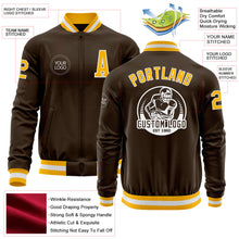 Laden Sie das Bild in den Galerie-Viewer, Custom Brown Gold-White Bomber Varsity Letterman Zipper Jacket
