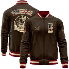 Charger l&#39;image dans la galerie, Custom Brown Vintage USA Flag Cream-Maroon Bomber Varsity Letterman Zipper Jacket
