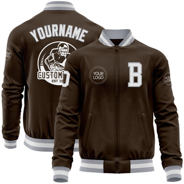 Custom Brown White-Gray Bomber Varsity Letterman Zipper Jacket