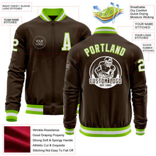 Загрузить изображение в средство просмотра галереи, Custom Brown White-Neon Green Bomber Varsity Letterman Zipper Jacket
