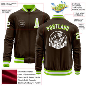 Custom Brown White-Neon Green Bomber Varsity Letterman Zipper Jacket