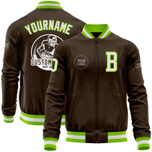 Загрузить изображение в средство просмотра галереи, Custom Brown White-Neon Green Bomber Varsity Letterman Zipper Jacket
