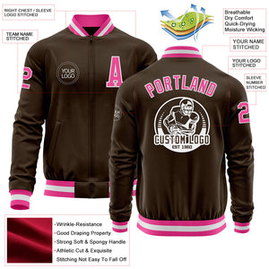 Custom Brown Pink-White Bomber Varsity Letterman Zipper Jacket