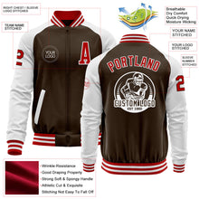 Laden Sie das Bild in den Galerie-Viewer, Custom Brown Red-White Bomber Varsity Letterman Two Tone Zipper Jacket
