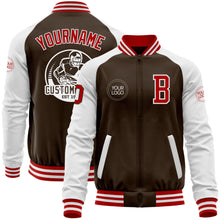 Laden Sie das Bild in den Galerie-Viewer, Custom Brown Red-White Bomber Varsity Letterman Two Tone Zipper Jacket
