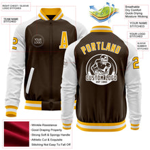 Laden Sie das Bild in den Galerie-Viewer, Custom Brown Gold-White Bomber Varsity Letterman Two Tone Zipper Jacket
