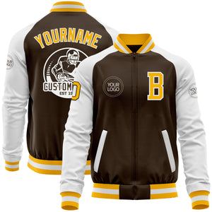 Custom Brown Gold-White Bomber Varsity Letterman Two Tone Zipper Jacket